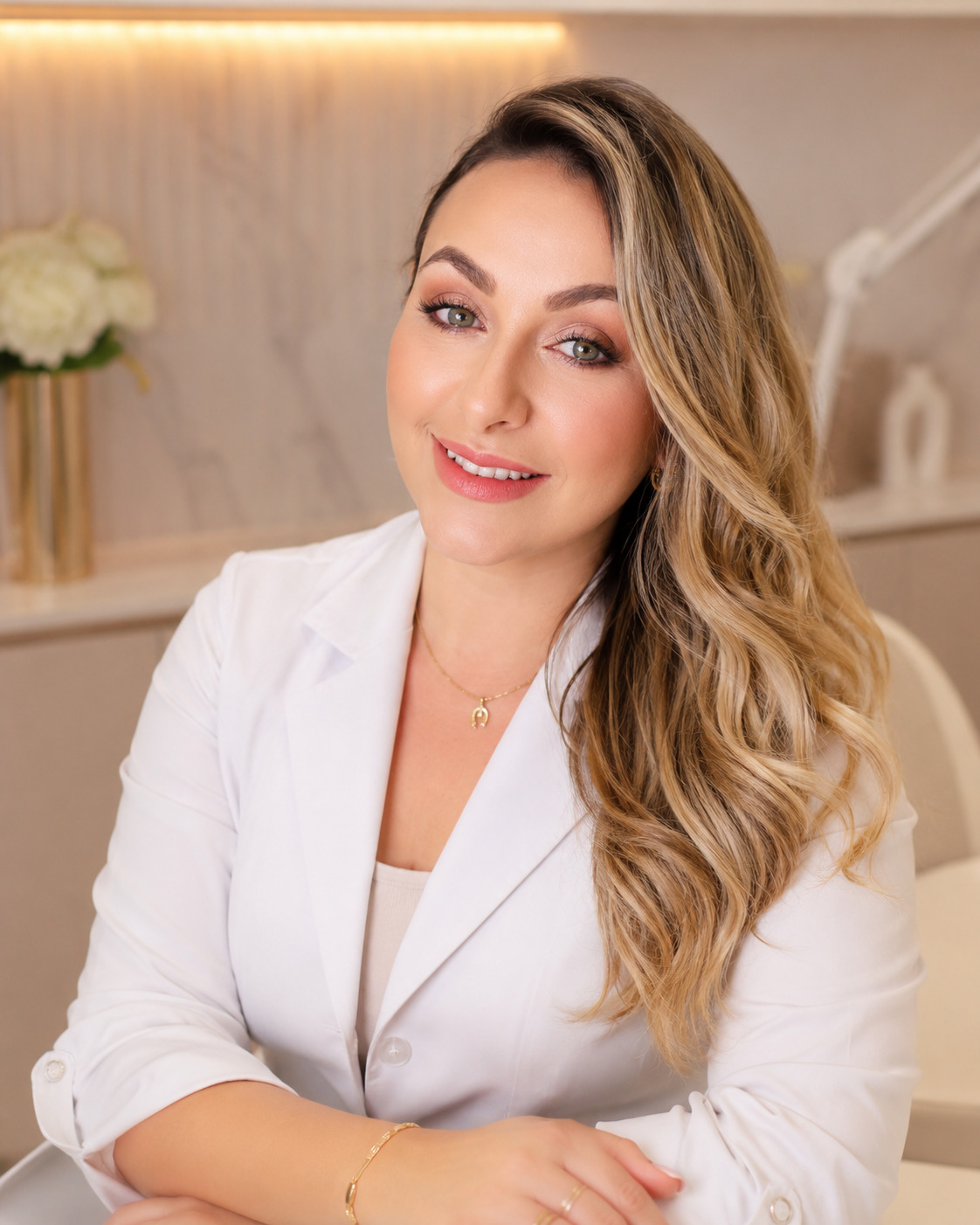 Ana Carla, podóloga em Avaré, usando jaleco branco em ambiente profissional da AC Estética e Podologia.
